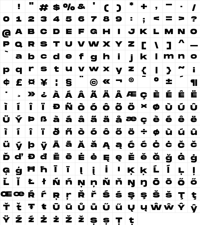 Monument Extended Ultrabold Character Map