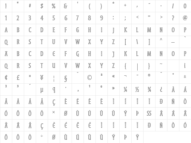 Moonglow Light Condensed Character Map