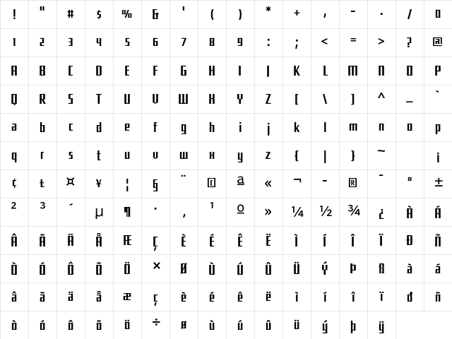 MP FBShimano SqLightNarrow Character Map MP FBShimano SqLightNarrow Character Map