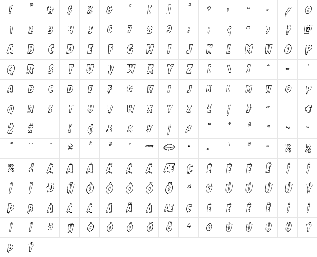 Mrs. Monster Bold Outline Italic Italic Character Map