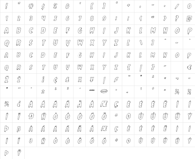 Mrs. Monster Outline Italic Italic Character Map