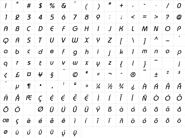 MumboSSK Italic Character Map