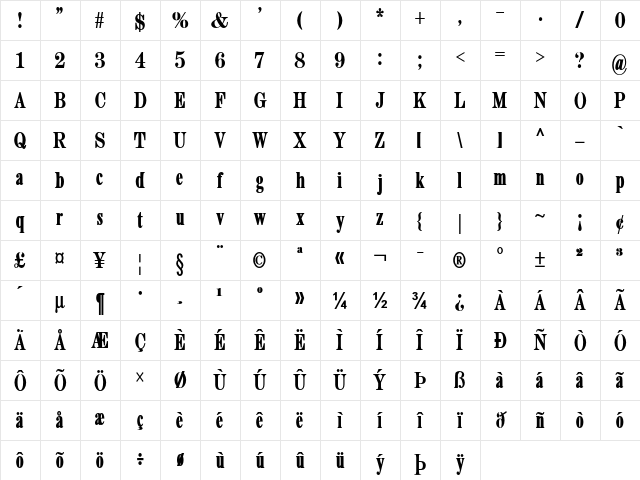 Muritania Condensed Bold Character Map