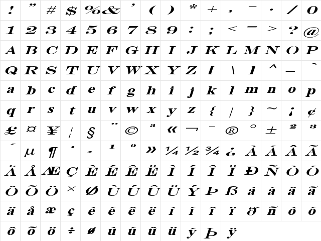 Muritania Extra-expanded Italic Character Map
