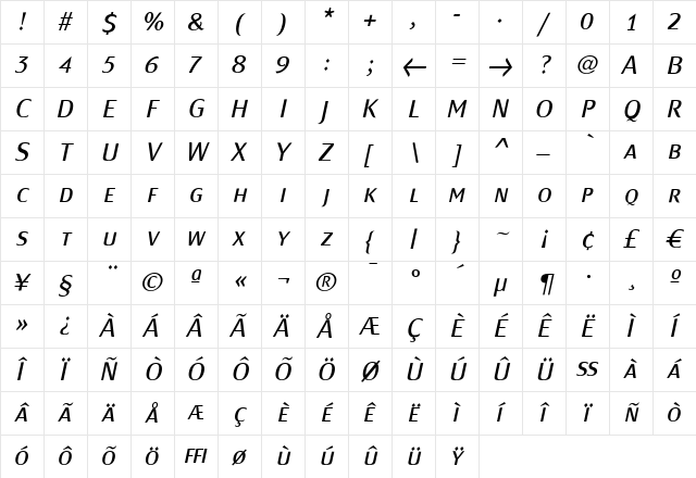 MondialPlus Light Italic Caps Regular Character Map