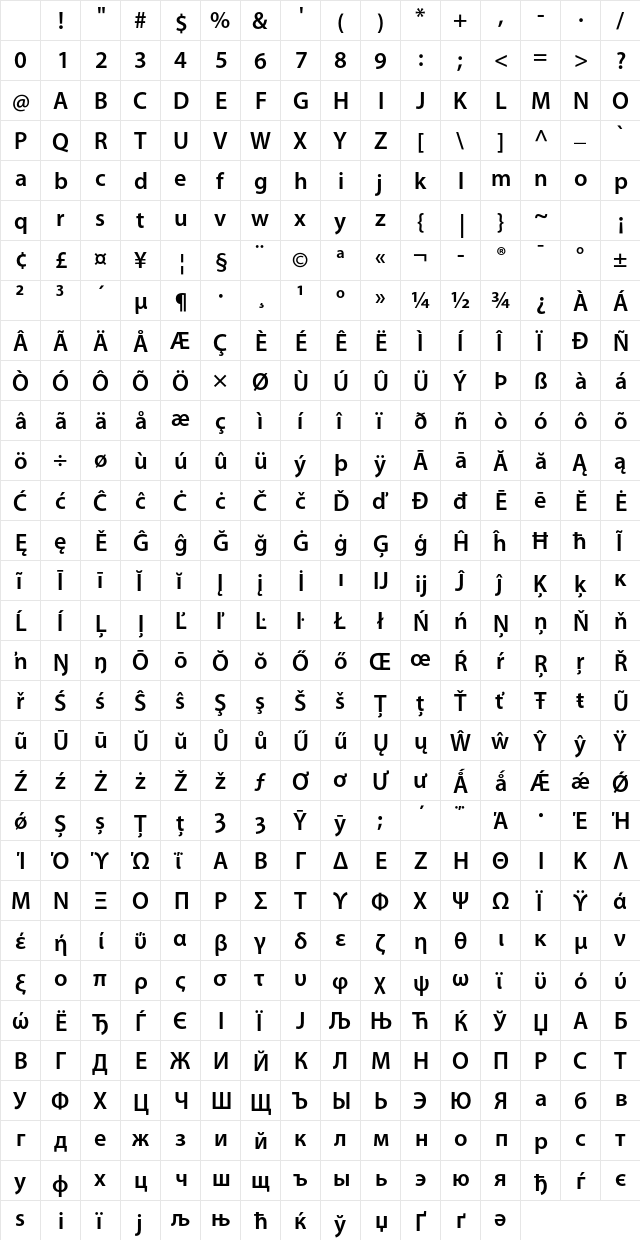Myriad Pro Light Bold Character Map Myriad Pro Light Bold Character Map