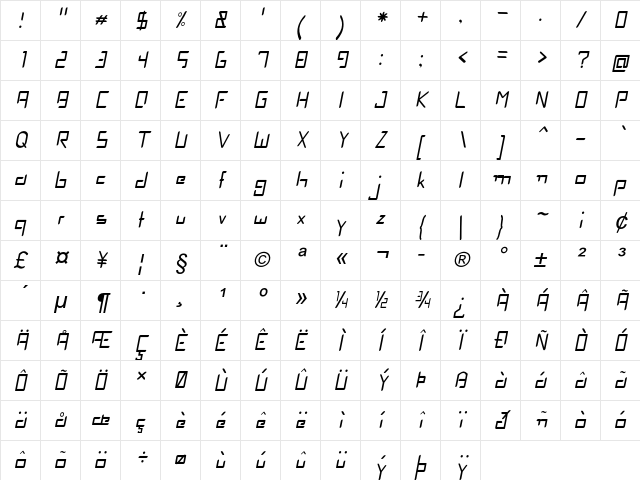 Narxus Italic Character Map