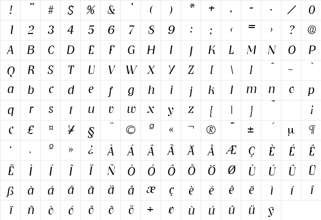 Nashville-Serial-Light RegularItalic Character Map