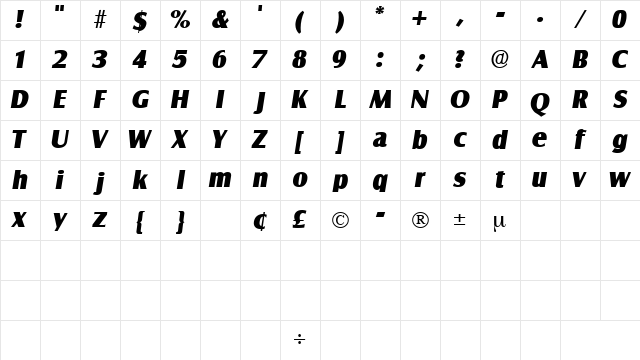 NautoDisplaySSK Italic Character Map NautoDisplaySSK Italic Character Map