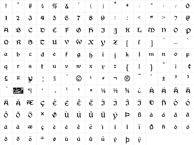 Augusta Regular Character Map