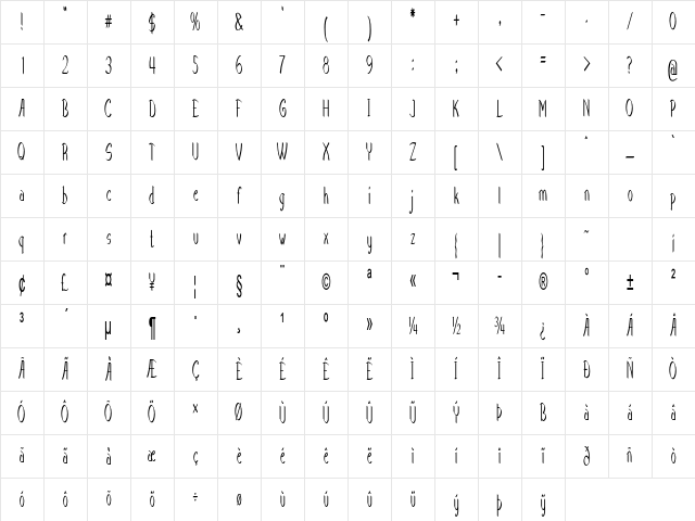 Nerio Extra-condensed Bold Character Map