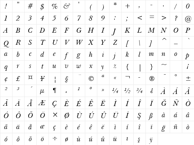 NewBskvll BT Italic Character Map