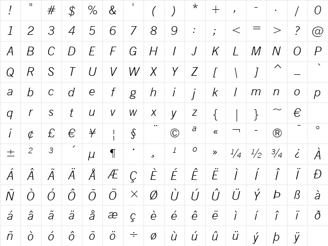 NewsGoth Lt BT Light Italic Character Map NewsGoth Lt BT Light Italic Character Map