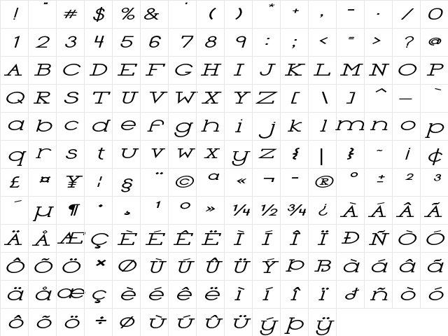 New York Print Extra-expanded Italic Character Map
