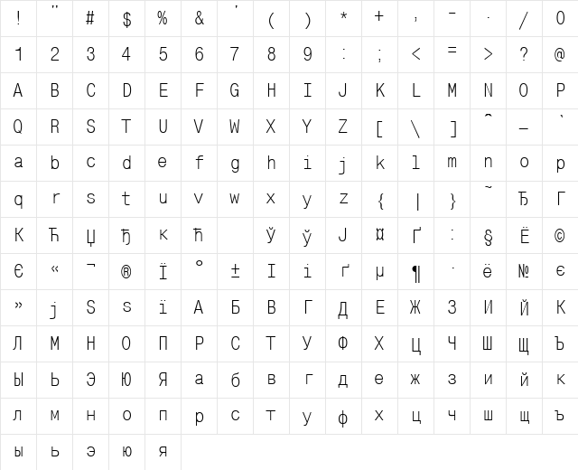 MonoCondensed Cyrillic@ Character Map