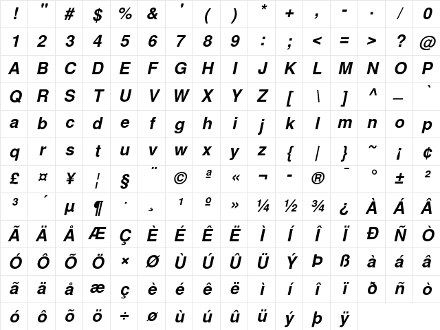 Nimbus Sans L Bold Italic Character Map
