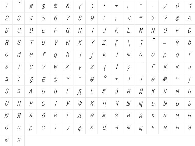 MonoCondensed Italic Character Map