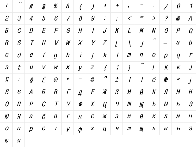 MonoCondensed Bold Italic Character Map