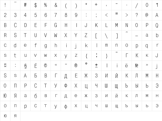 MonoCondensed Regular Character Map