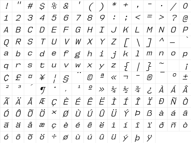 NK57 Monospace Book Italic Character Map NK57 Monospace Book Italic Character Map