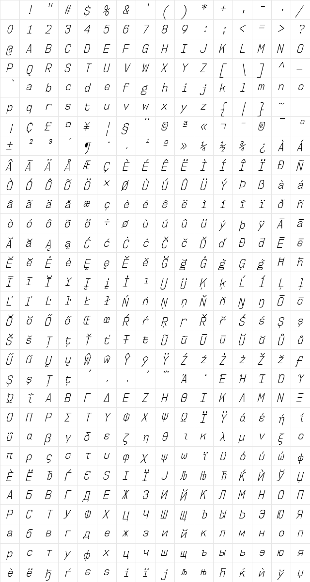 NK57 Monospace Condensed Light Italic Character Map