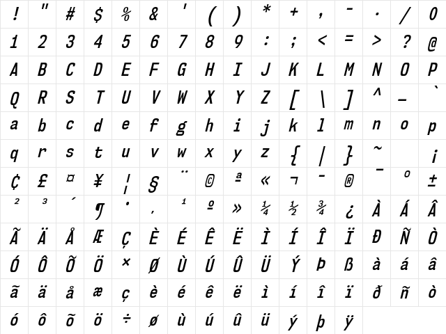 NK57 Monospace Condensed SemiBold Italic Character Map NK57 Monospace Condensed SemiBold Italic Character Map