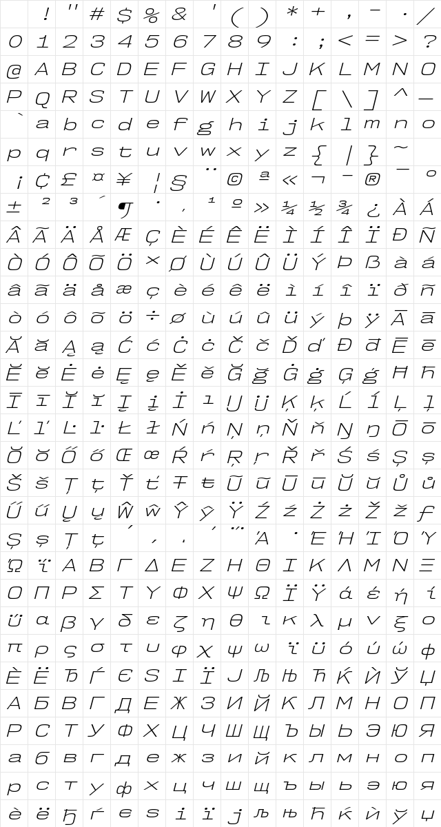NK57 Monospace Expanded Light Italic Character Map NK57 Monospace Expanded Light Italic Character Map