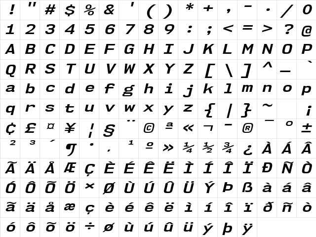 NK57 Monospace Expanded Bold Italic Character Map