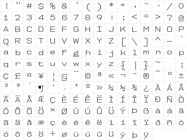 NK57 Monospace Semi-Expanded Light Character Map