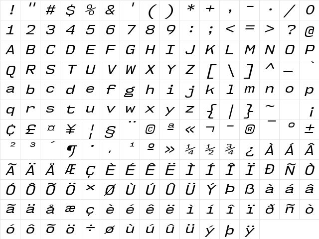NK57 Monospace Semi-Expanded Italic Character Map