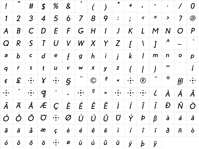 Nobel RegularItalic Character Map Nobel RegularItalic Character Map