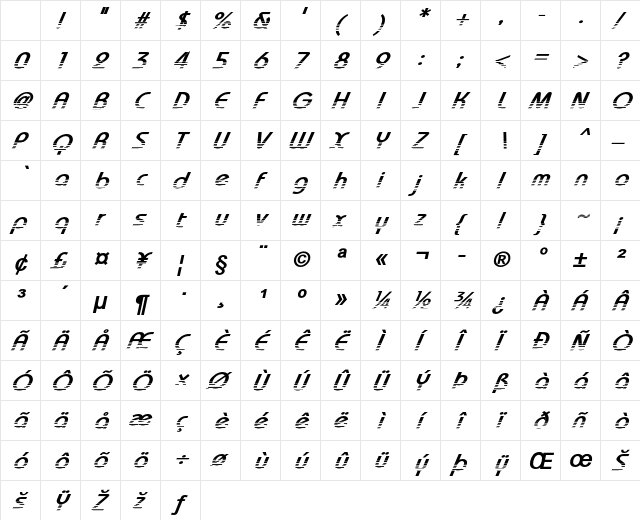 North Shore Bold Italic Character Map North Shore Bold Italic Character Map