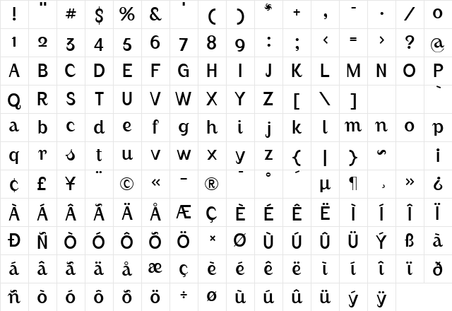 AugustLightAlternate Regular Character Map