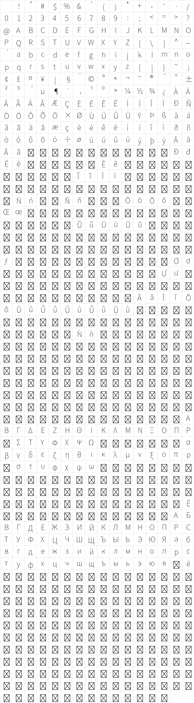 Noto Sans CJK KR Thin Regular Character Map