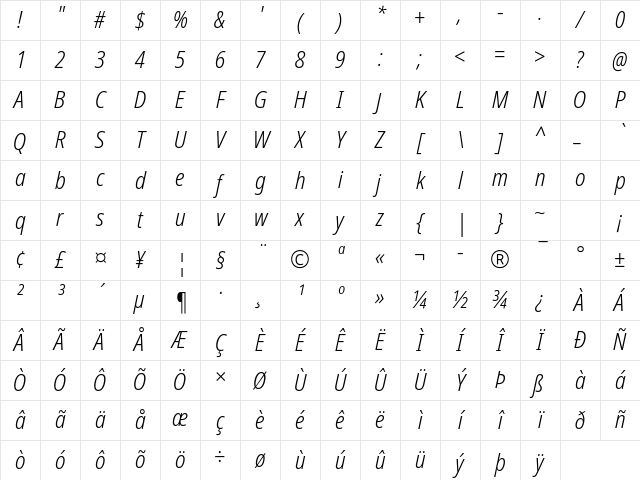 Noto Sans Cond Light Italic Character Map