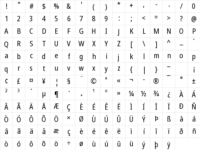 Noto Sans Cond Regular Character Map