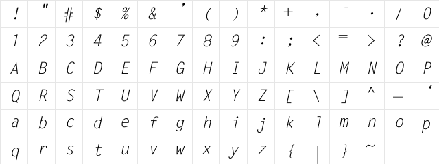 MonospacedItalic Regular Character Map