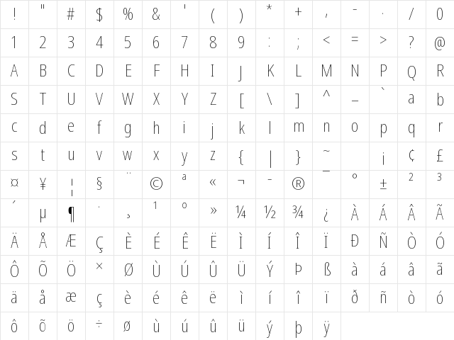 Noto Sans Disp Cond Thin Regular Character Map