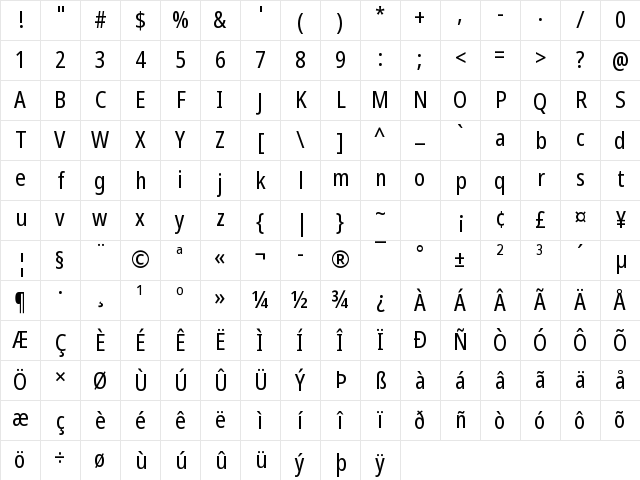 Noto Sans Disp Cond Regular Character Map