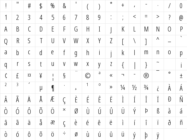 Noto Sans Disp ExtCond Light Regular Character Map