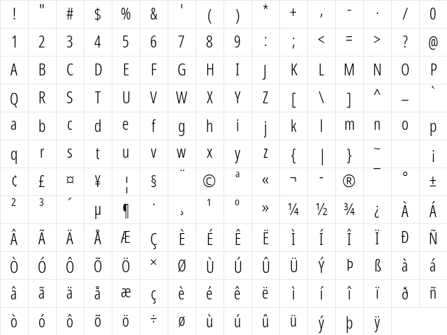 Noto Sans Disp ExtCond Light Regular Character Map