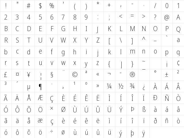 Noto Sans Disp SemCond ExtLt Regular Character Map