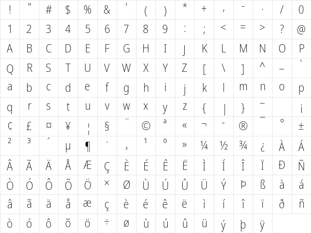 Noto Sans Disp SemCond ExtLt Regular Character Map