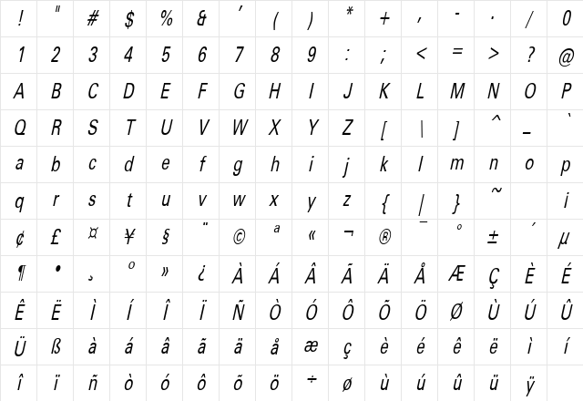ObeliskCondensed Oblique Character Map