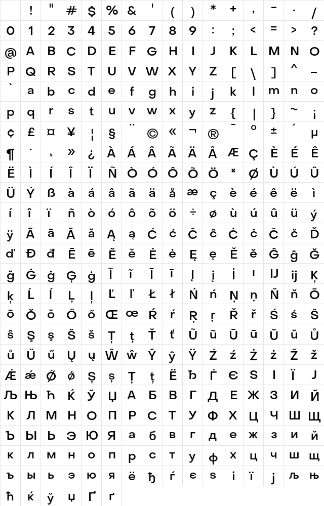 Object Sans Medium Regular Character Map