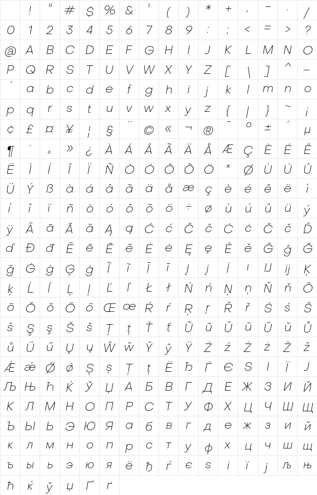 Object Sans Thin Italic Character Map Object Sans Thin Italic Character Map