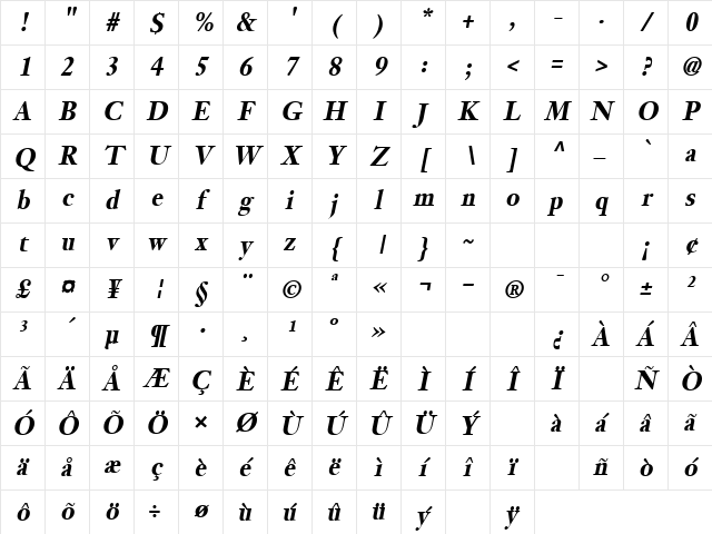 ObloquyCond Bold-Oblique Character Map