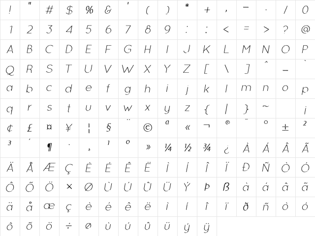 Ocie Light Italic Character Map Ocie Light Italic Character Map
