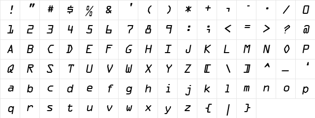 OCR A Oblique Character Map