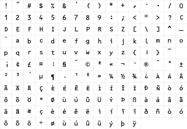 OCRB Regular Character Map